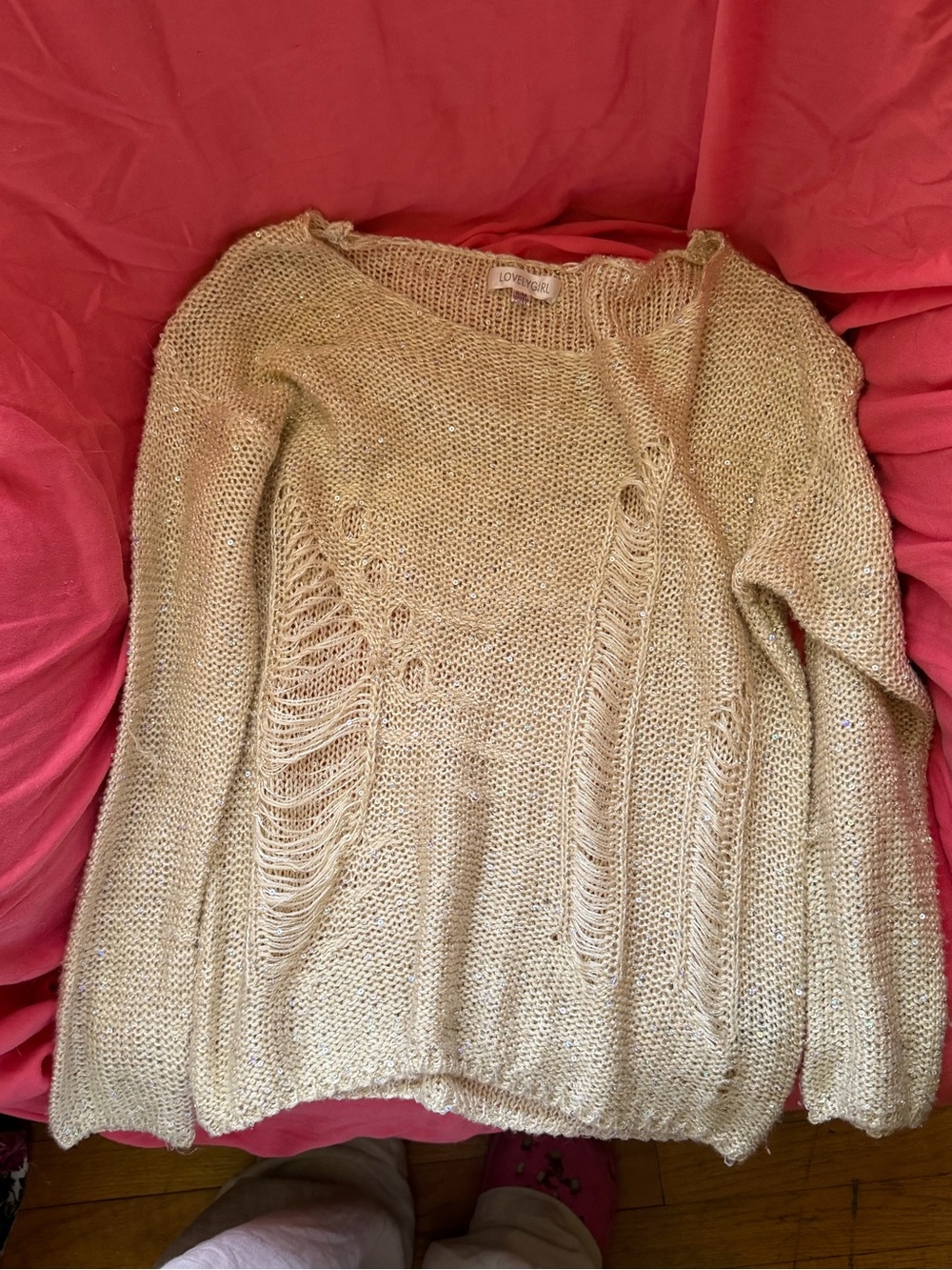 Love Riche Beige Open-Knit Distressed Crew Neck Sweater